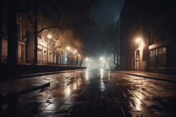 Canvas Print - Desolate night street with illuminated path.Generative AI