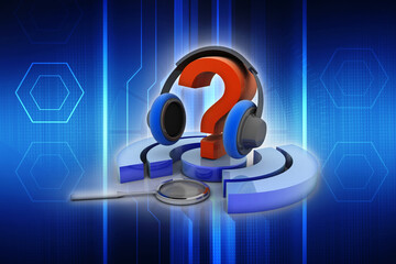 Poster - 3d rendering question mark connected headphone near WiFi Sign