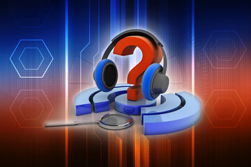 Poster - 3d rendering question mark connected headphone near WiFi Sign