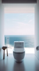 Sticker - A white toilet sitting in a bathroom next to a window. Generative AI image.