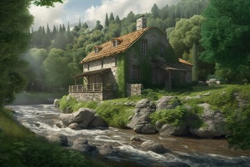 Wall Mural - a depiction of a home situated next to a river Generative AI