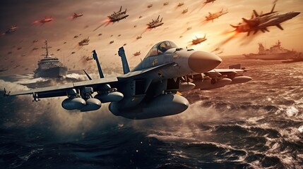 Wall Mural - Military aircraft carrier ship launches fighter jets in a special operation at a warzone. Generative AI. Digital Art Illustration
