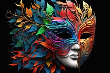 Wall Mural - Beautiful woman with a carnival mask of colorful leaves on a black background