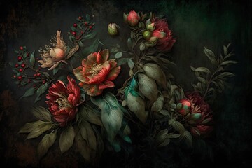 Wall Mural - Subtly textured red and green painted flowers dark moody background. Generative AI AIG15.