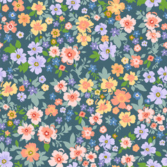 Wall Mural - Seamless pattern. Vector flower design with cute wildflowers. Floral illustrations depicting red, yellow, light purple and blue flowers with green leaves on a dark green background.