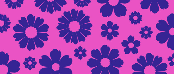 Wall Mural - Floral Banner in Horizontal Format – Intense Pink Background and Intense Blue Flowers