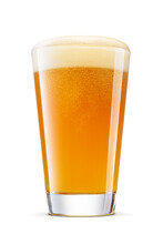 Shaker Pint Of Fresh Yellow Wheat Unfiltered Beer With Cap Of Foam Isolated. Transparent PNG Image.