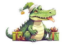 Cute American Alligator In Christmas Day Clipart Cartoon, Generative AI