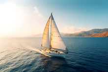 Sailboat In The Sea Under Sunlight, Luxury Summer Adventure, Outdoor Activities At Sea. Sailboat Sailing On Ocean