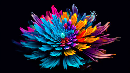 Wall Mural - Multicolored flower on black background with reflection of the petals. Generative AI.