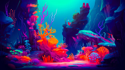 Wall Mural - Colorful underwater scene with corals and seaweeds on the bottom of the water. Generative AI.