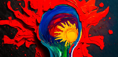 Wall Mural - Painting of sunflower on red background with black background. Generative AI.