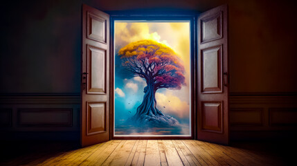 Wall Mural - Open door with painting of tree in the middle of it. Generative AI.
