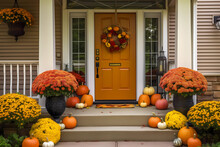 Cute And Cozy Cottage With Fall Decorations, Pumpkins On The Front Porch And A Wreath, Generative AI