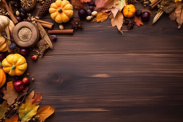 Wall Mural - Fall background for Thanksgiving with pumpkins and fall leaves on a wooden table, generative AI