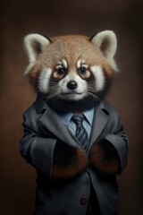 Portrait of baby red panda in a business suit. Generative AI