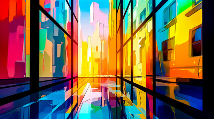 Sticker - Abstract painting of cityscape with reflection in the water. Generative AI.