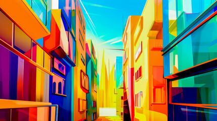 Sticker - Painting of narrow city street with colorful buildings and blue sky in the background. Generative AI.