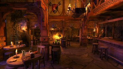 Poster - Atmospheric bar in an old medieval tavern inn with flickering candle flames and burning fire. 3D animation.