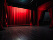 the red curtain reflected on the black floor