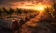 wine barrels in a vineyard at sunset