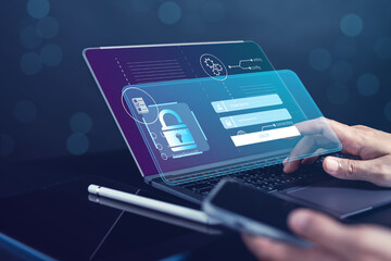 Poster - Cybersecurity and privacy concepts to protect data. businessman with internet network security technology. Businessman working on computer using personal data on smartphone. cyber security concept.