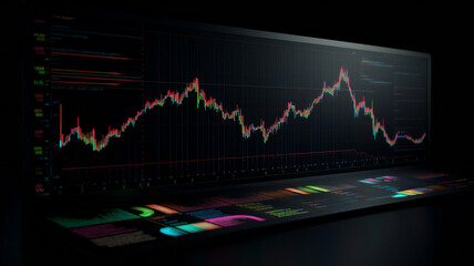 the business monitor displays a graph of the stock market on a black background. digital screen financial data, analysis, and currency exchange rates. the investment and profit in the forex market.