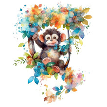 A Watercolor Painting Of A Monkey On A Swing. Generative AI.