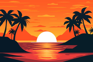 Beautiful sunset landscape, sea beach and sun, ocean sunrise, palm trees, paradise. Paradise seascape.