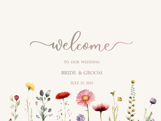 Wall Mural - Welcome wedding sign. Calligraphy with watercolor wild herbs and flowers. Abstract floral art background vector design for wedding invitation and vip cover template.generative ai