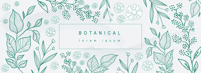 Wall Mural - Botanical abstract background with floral line art design. Horizontal web banner in minimal style with different green leaves, plant twigs, blooming flowers and wildflowers. Vector illustration.