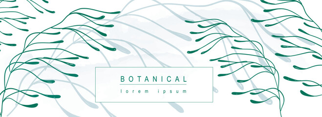 Poster - Botanical abstract background with floral line art design. Horizontal web banner in minimal style with green leaves ornament, greenery twigs with silhouette shadow on backdrop. Vector illustration.