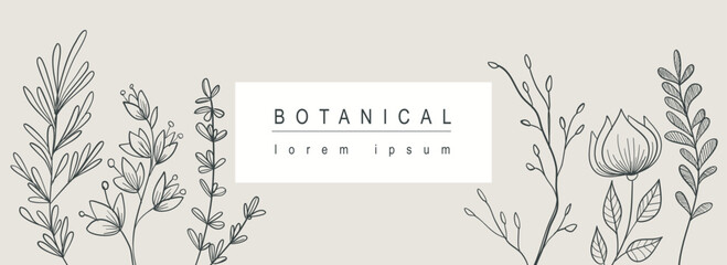 Poster - Botanical abstract background with floral line art design. Horizontal web banner with minimal elegant composition of blooming flowers, foliage greenery and twigs with leaves. Vector illustration.