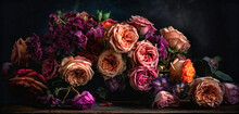Pink And Purple Roses On Dark Wooden Background