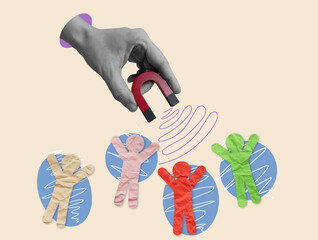 customer acquisition concept. art collage with a hand holding a magnet that attracts paper figures.