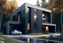 Contemporary Modern Black House. Architect's House. Modern House With Large Windows. Real Estate. Real Estate Agency. Real Estate Agent
