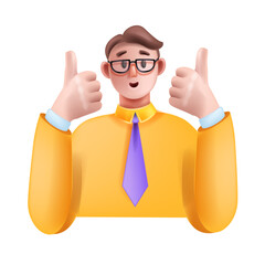 3D man thumbs up vector illustration, happy cartoon male character, smiling confident positive face. Success salesman, business person, young guy hand ok agree gesture. Thumbs up expression clipart