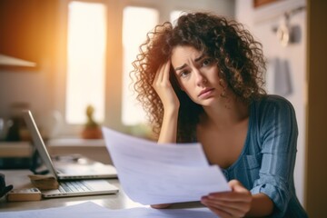 Stressed young woman reviewing her bills, reflecting financial strain during a recession. A poignant representation of personal debt and economic downturn, generative ai