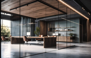 modern office with glass walls and wooden cabinetry
