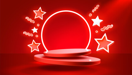 Wall Mural - Star sign icon, scene mega sale, shopping podium banner, neon night pedestal. Vector illustration