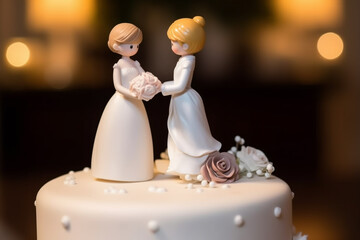 Wall Mural - Cute wedding cake topper with two brides. Gay marriage concept. Generative AI illustration