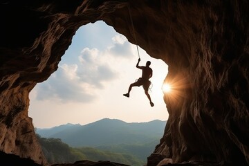 Wall Mural - Rock climbing, Athletic man climbs an overhanging rock (Ai generated)