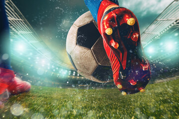 Football scene at night match with close up of a soccer shoe hitting the ball with power