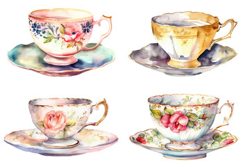 Wall Mural - Watercolor set of Tea or coffee cups isolated on clear png background, Homemade mug for collection, Afternoon tea catering party, clipart of cup style, with Generative Ai.