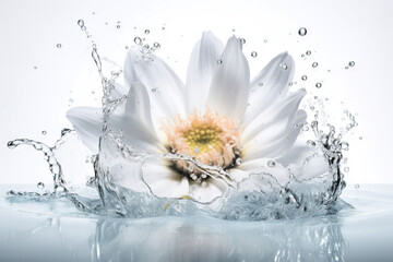 Canvas Print - Flower in splashing water. Floral freshness concept with water drops for cosmetic, moisture and self-care packaging. Generated AI.