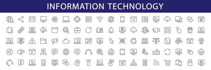Wall Mural - Information technology thin line icons set. Information Technology - IT editable stroke icon collection. Programming, Network, Website, Process, Internet, Data, Technology symbol. Vector