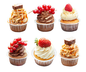 Wall Mural - Set of chocolate, vanilla and salted caramel cupcakes with fresh berries and peanuts isolated on white background, png