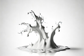 Poster - Milk splash with drops flying away. Splasj crown in the white milk. Generated AI.