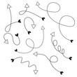 © Mard - arrow icon hand drawn doodle in different directions Curved cursor. Pointer up, down, left, right. Rotating sign. Heart shape line, curved line, way indicator illustration.