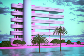 Poster - Vaporwave landscape with abstract building with pillars. 80s styled pink and blue minimalistic architectural scene. Generated AI.